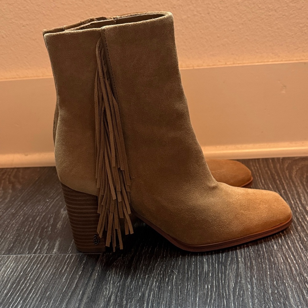 Sam Edelman Tan Suede Fringe Heeled Boots